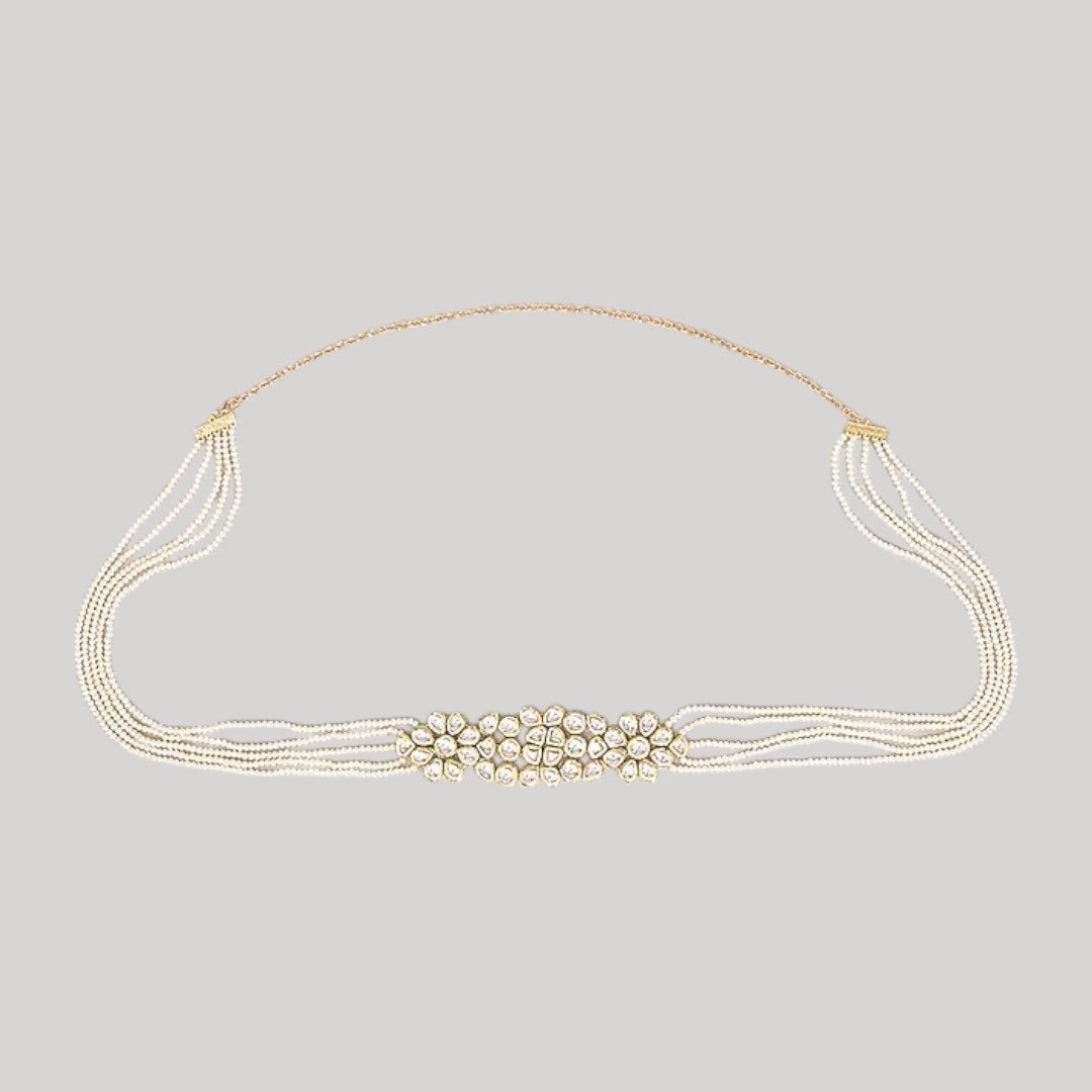 Silver Finish Kundan Polki & Crystal Kamarbandh - Auraa Trends - Waist Belt - - Auraa Trends - "Black embroidered blouse with mirror work paired with Kundan pearl saree belt โ Traditional Indian festive and wedding outfit for women"