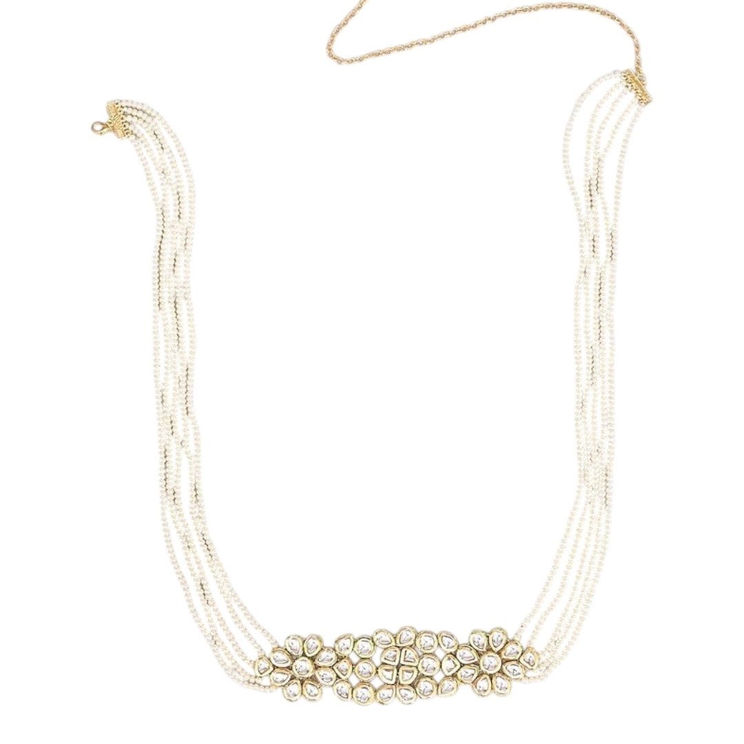 Silver Finish Kundan Polki & Crystal Kamarbandh - Auraa Trends - Waist Belt - - Auraa Trends - "Black embroidered blouse with mirror work paired with Kundan pearl saree belt โ Traditional Indian festive and wedding outfit for women"