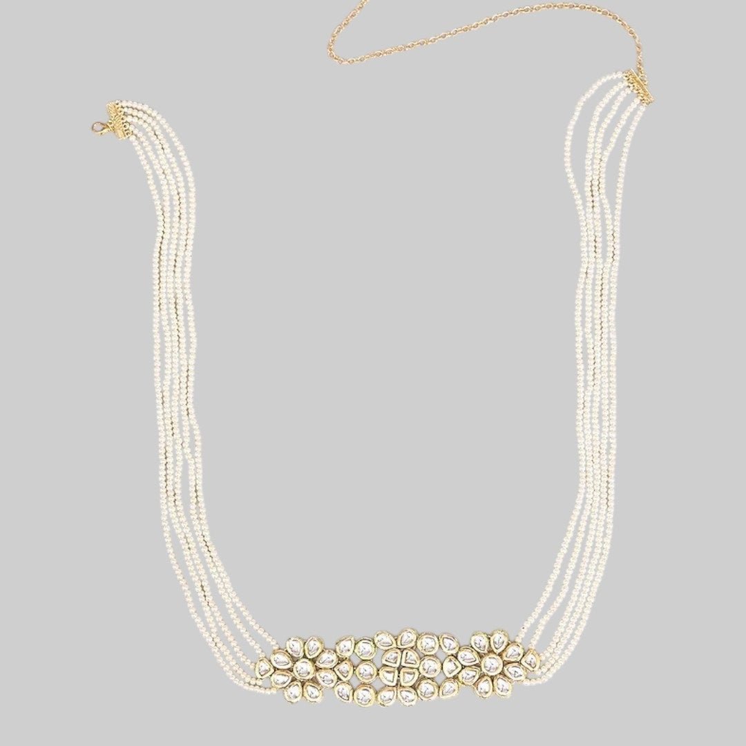 Silver Finish Kundan Polki & Crystal Kamarbandh - Auraa Trends - Waist Belt - - Auraa Trends - "Black embroidered blouse with mirror work paired with Kundan pearl saree belt โ Traditional Indian festive and wedding outfit for women"
