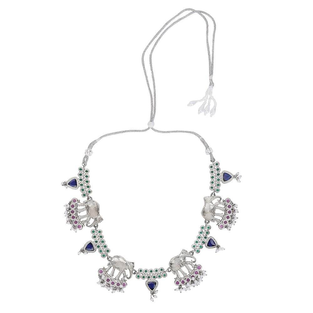 Silver Plated Stone Studded Jewellery Set pair of matching drop earrings, each secured with a post-and-back closure - Auraa Trends