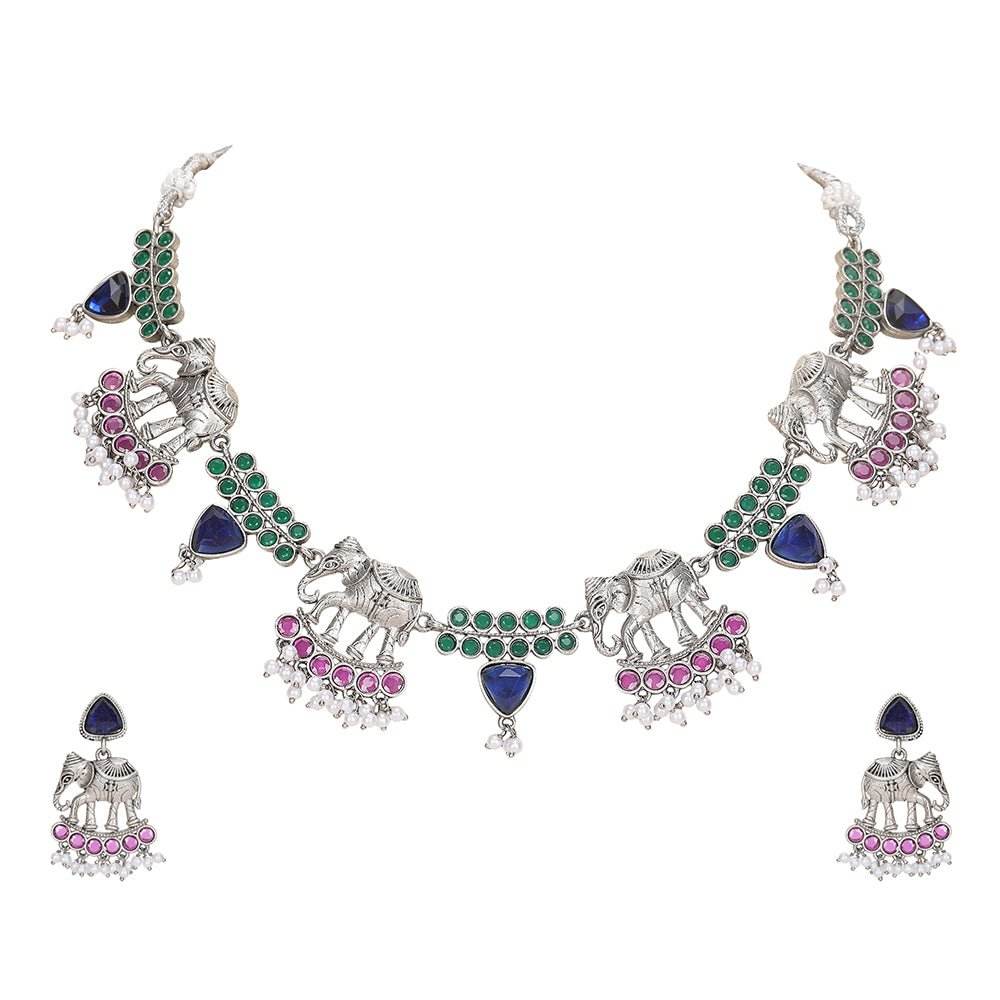 Silver Plated Stone Studded Jewellery Set pair of matching drop earrings, each secured with a post-and-back closure - Auraa Trends