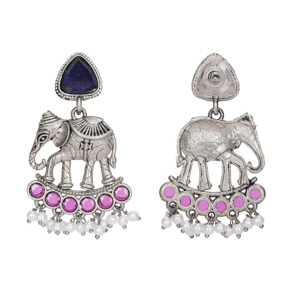Silver Plated Stone Studded Jewellery Set pair of matching drop earrings, each secured with a post-and-back closure - Auraa Trends
