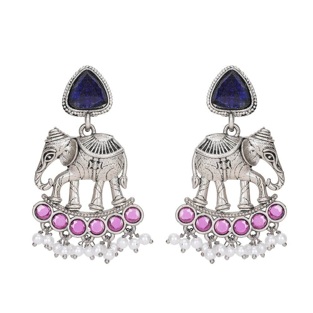 Silver Plated Stone Studded Jewellery Set pair of matching drop earrings, each secured with a post-and-back closure - Auraa Trends