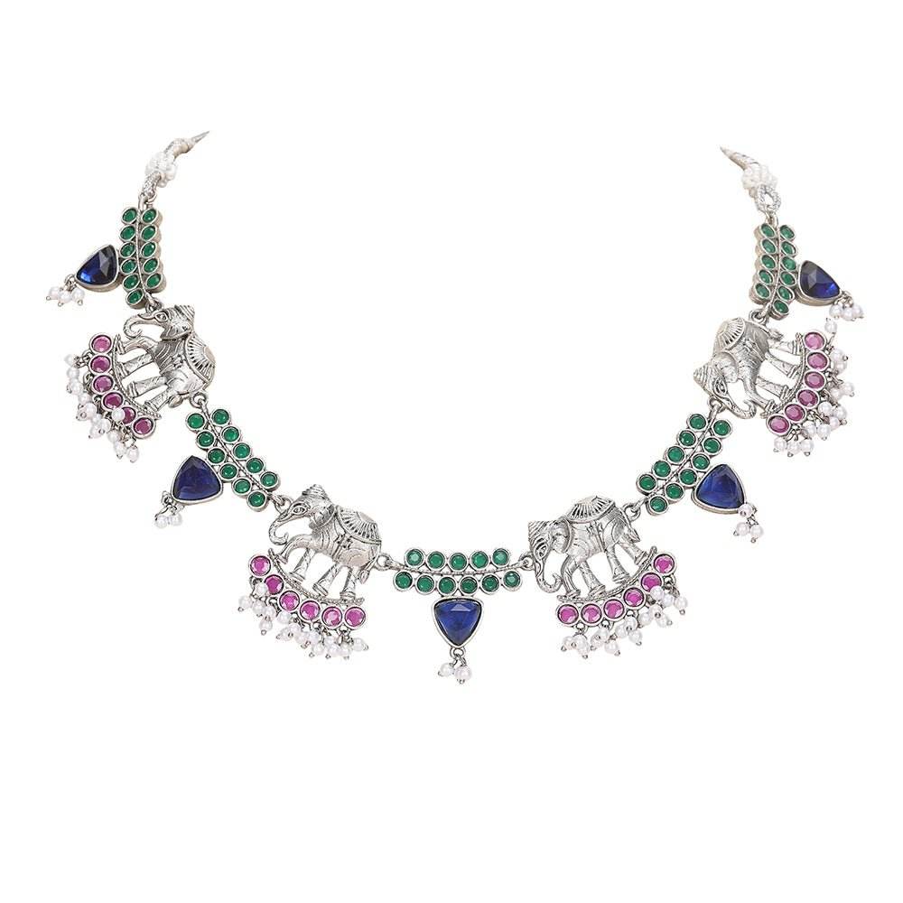Silver Plated Stone Studded Jewellery Set pair of matching drop earrings, each secured with a post-and-back closure - Auraa Trends