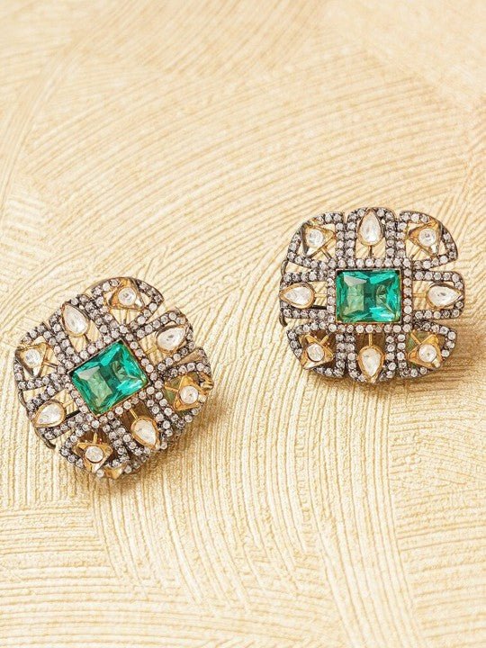 Silver - Toned & Turquoise Blue Contemporary Studs Earrings - Auraa Trends - Studs - Silver - Toned & Turquoise Blue