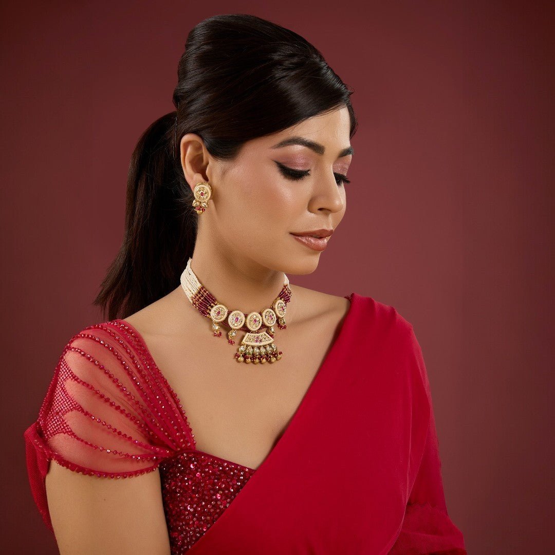 Simple Indian Wedding Bridal Jewelry Set with Kundan and Pearl Work - Auraa Trends - Choker - Simple Indian Wedding Bridal