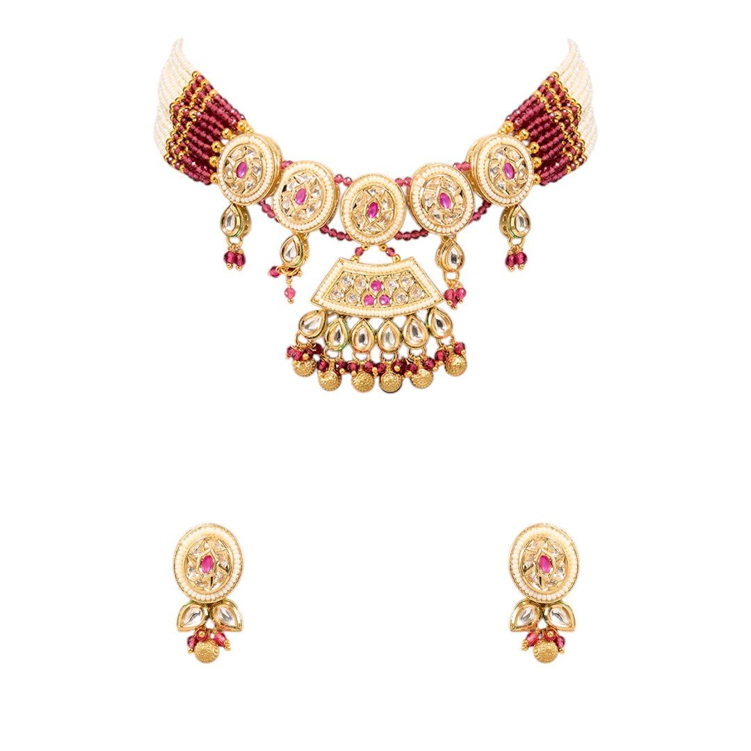 Simple Indian Wedding Bridal Jewelry Set with Kundan and Pearl Work - Auraa Trends - Choker - Simple Indian Wedding Bridal
