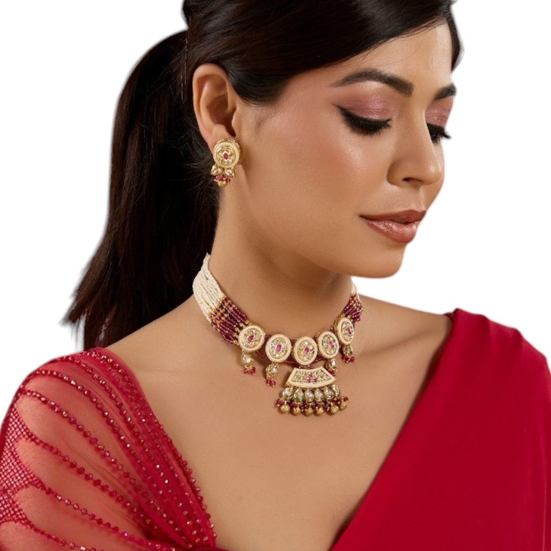 Simple Indian Wedding Bridal Jewelry Set with Kundan and Pearl Work - Auraa Trends - Choker - Simple Indian Wedding Bridal