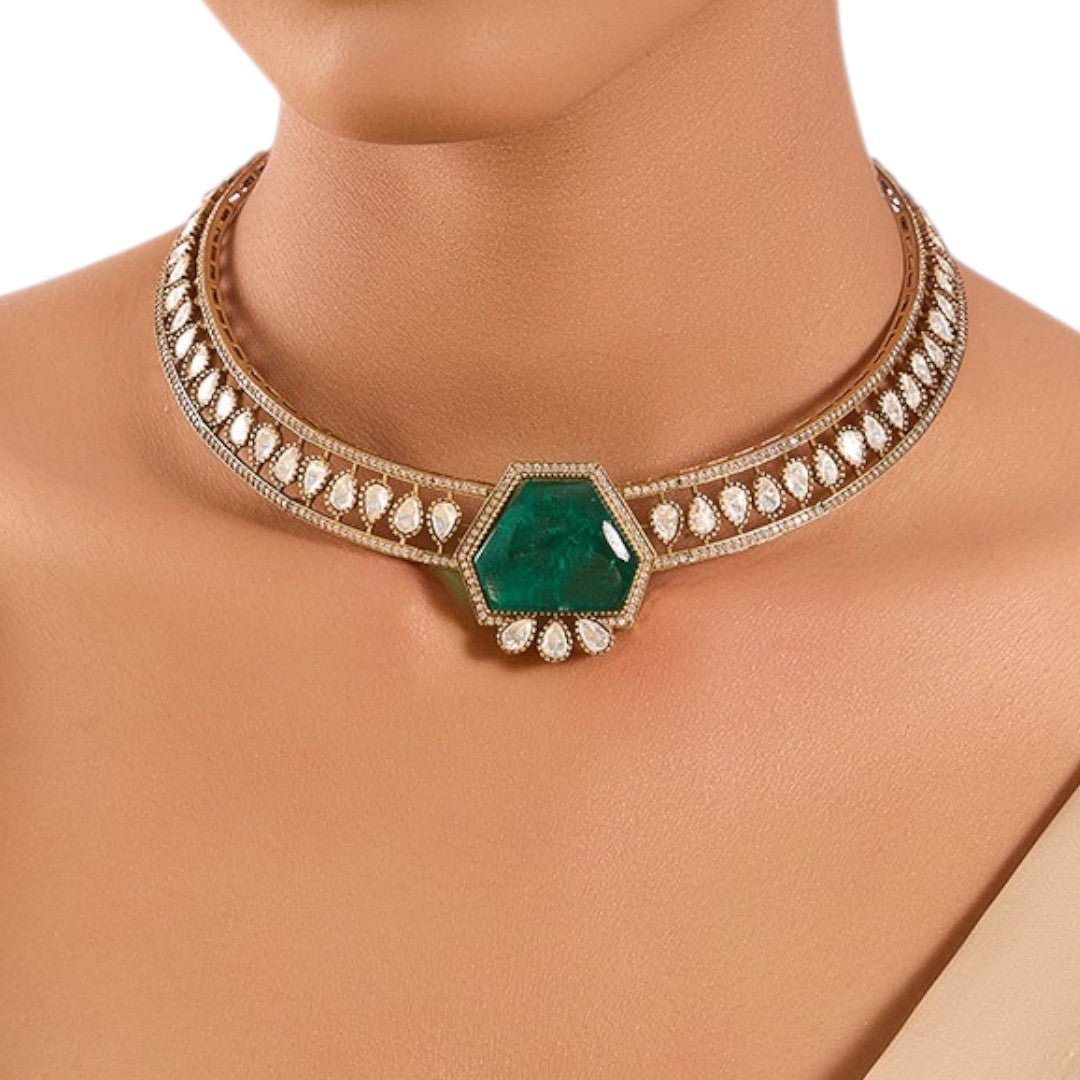 Sophisticated Emerald Green Hexagon Stone Choker Necklace with Teardrop CZ Accents - Auraa Trends - choker - # - Auraa Trends - Sophisticated Emerald Green Hexagon Stone Choker Necklace with Teardrop CZ Accents