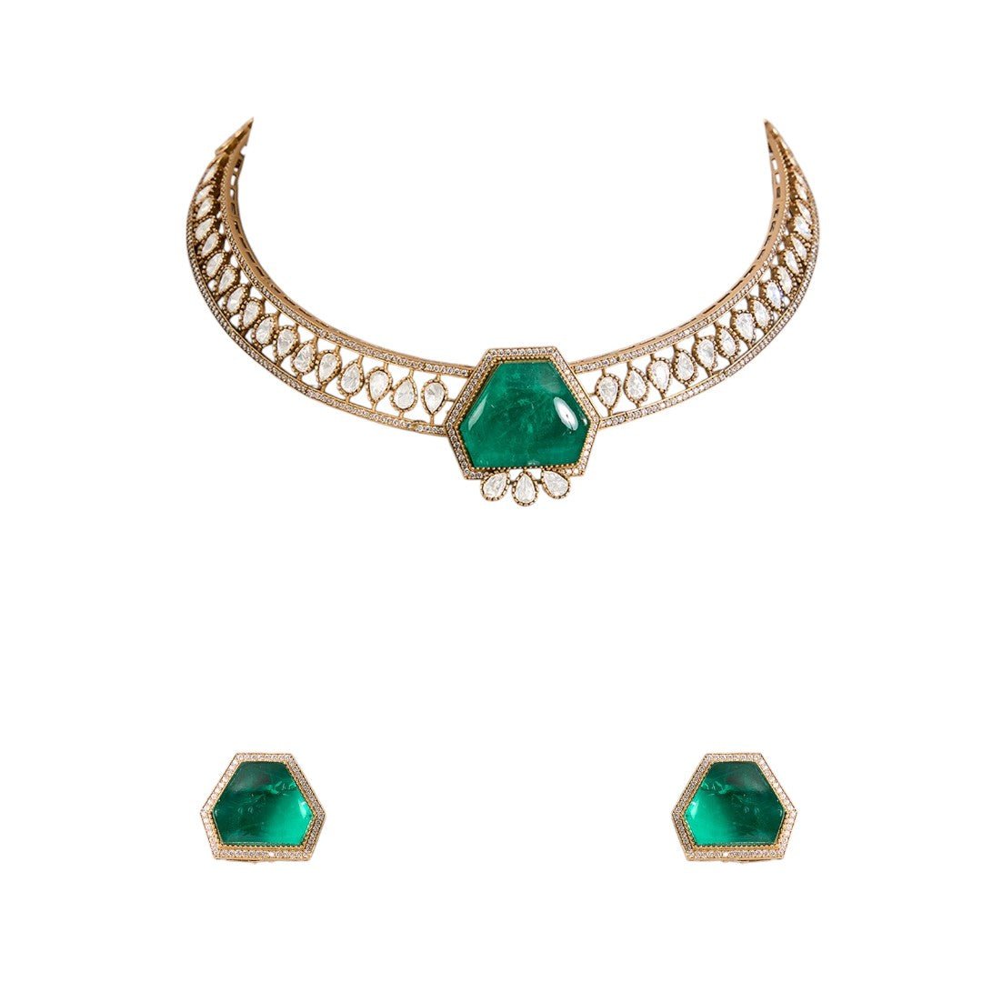 Sophisticated Emerald Green Hexagon Stone Choker Necklace with Teardrop CZ Accents - Auraa Trends - choker - # - Auraa Trends - Sophisticated Emerald Green Hexagon Stone Choker Necklace with Teardrop CZ Accents