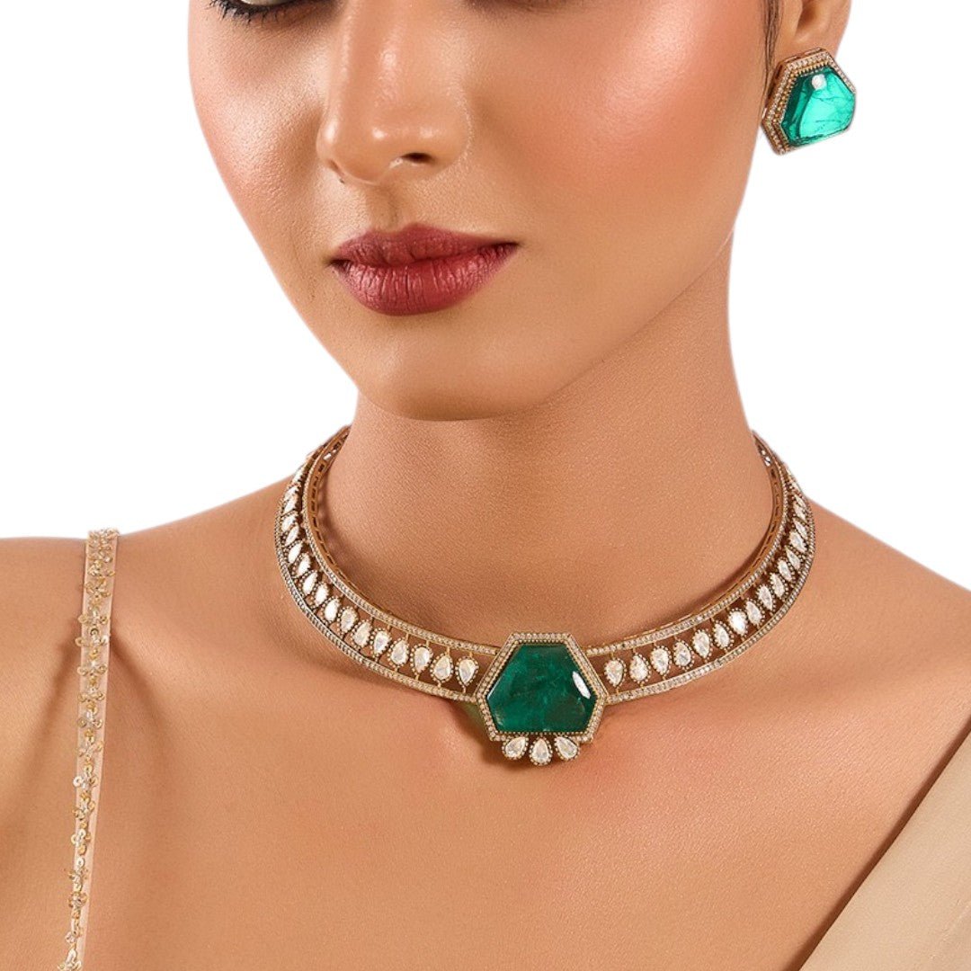 Sophisticated Emerald Green Hexagon Stone Choker Necklace with Teardrop CZ Accents - Auraa Trends - choker - # - Auraa Trends - Sophisticated Emerald Green Hexagon Stone Choker Necklace with Teardrop CZ Accents