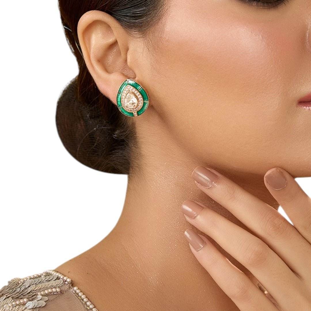 Sophisticated Emerald Green Stud Earrings with Gold and Crystal Accents - Auraa Trends