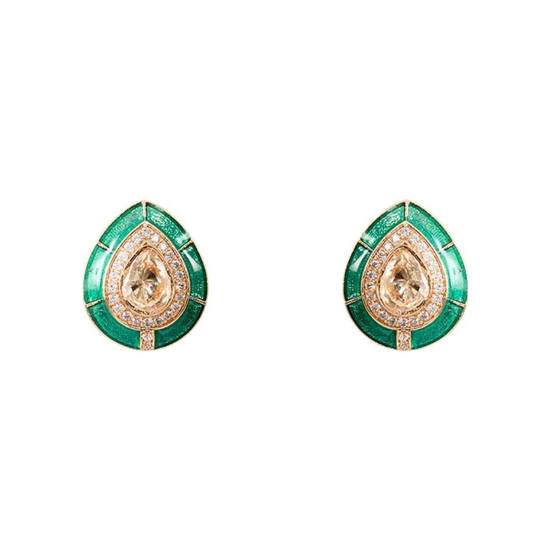 Sophisticated Emerald Green Stud Earrings with Gold and Crystal Accents - Auraa Trends