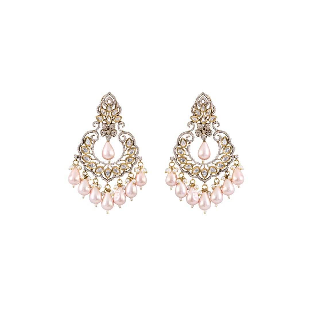 Sophisticated Gold-Colored Kundan Chandbali Earrings with Pearl Droplets - Auraa Trends