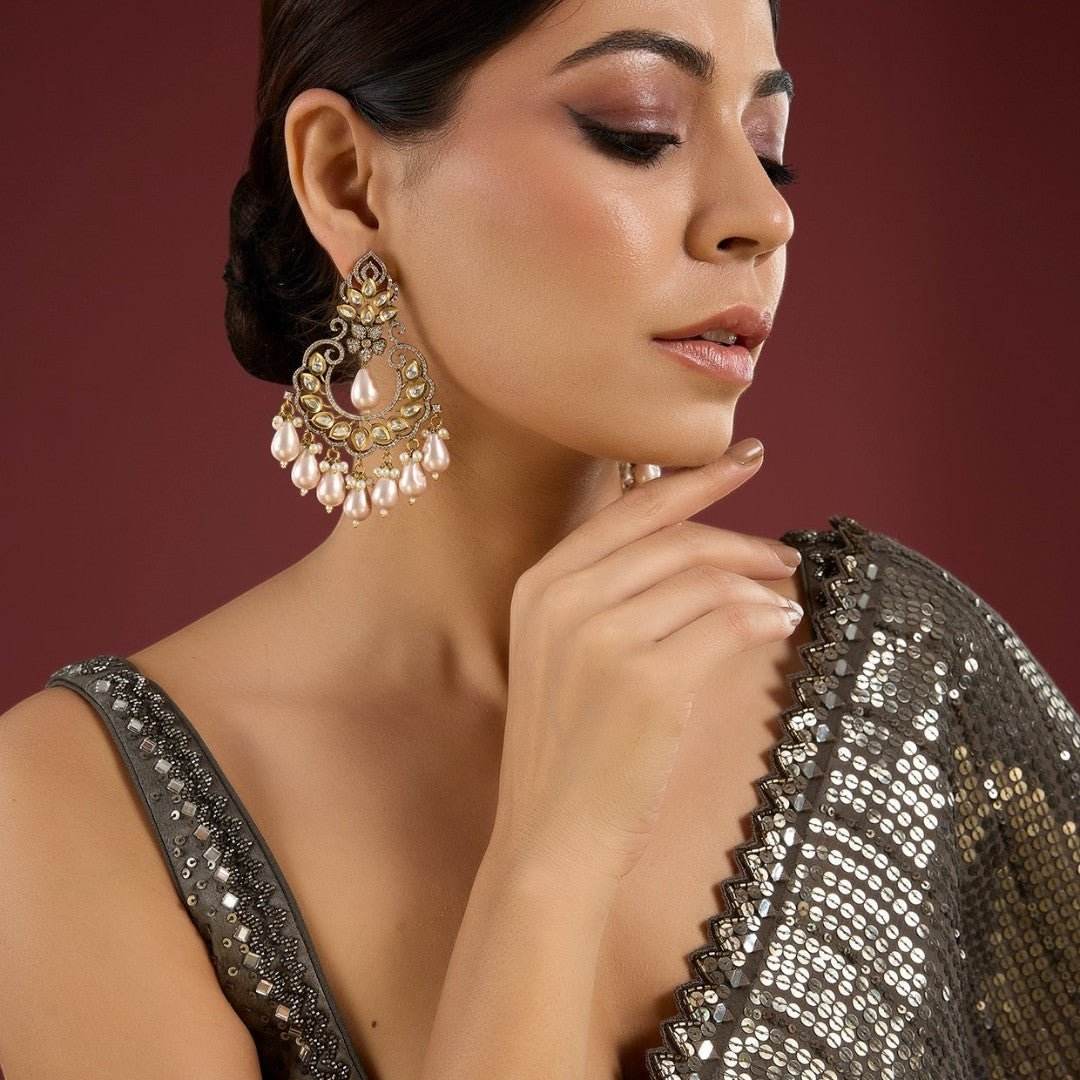 Sophisticated Gold-Colored Kundan Chandbali Earrings with Pearl Droplets - Auraa Trends