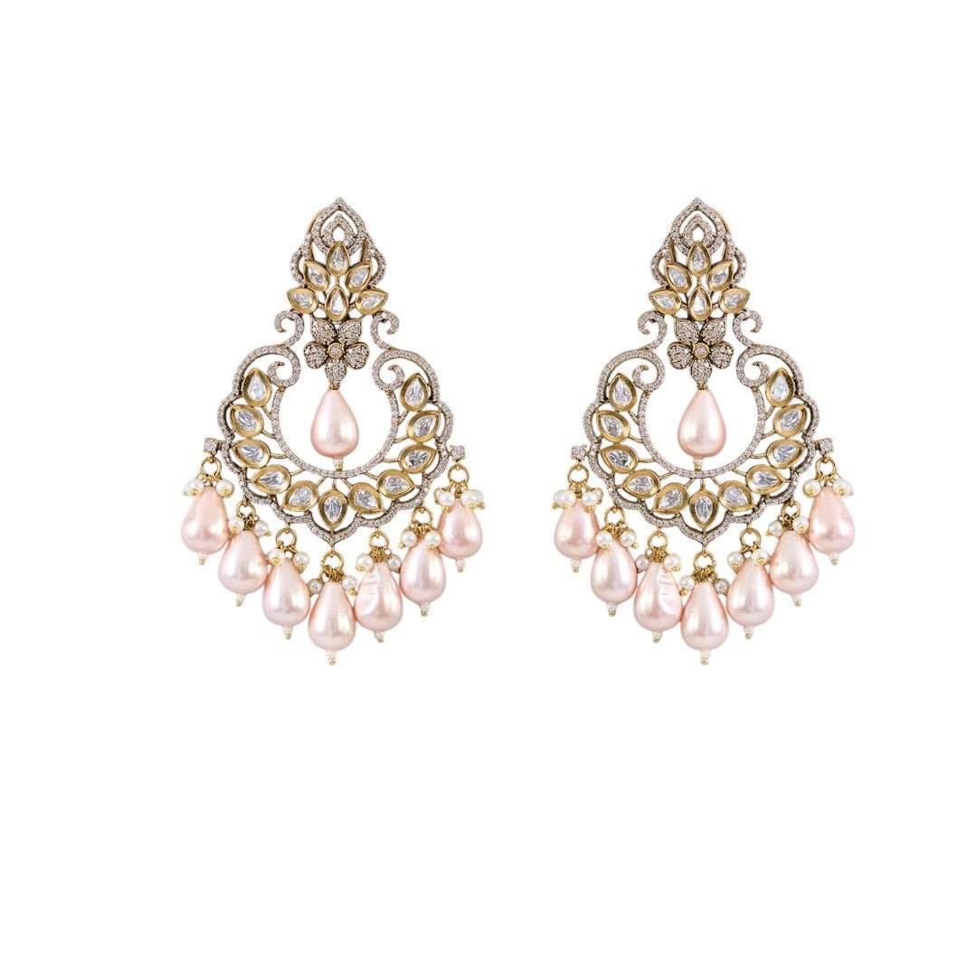 Sophisticated Gold-Colored Kundan Chandbali Earrings with Pearl Droplets - Auraa Trends
