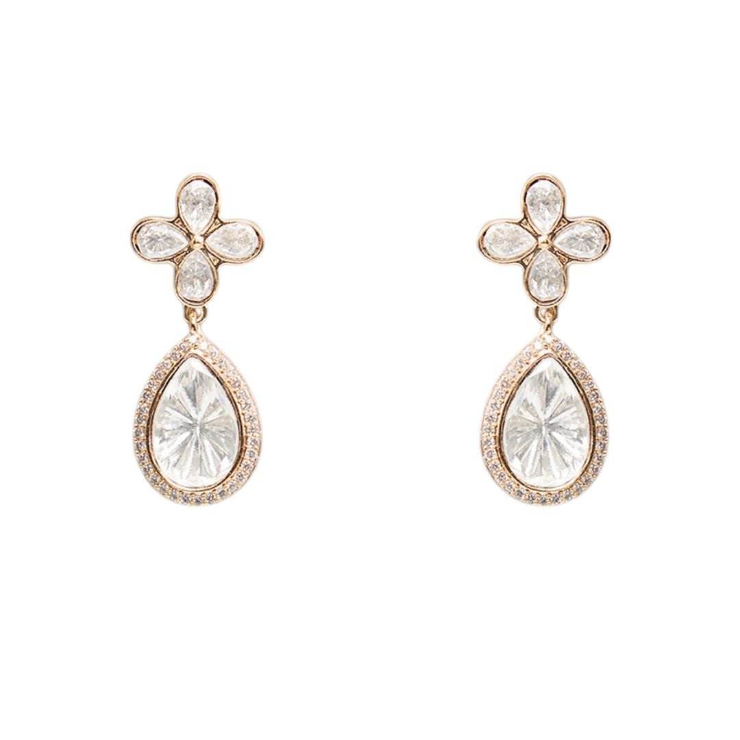 Sophisticated Polki Crystal Drop Necklace Set with Flower Stud Earrings - Auraa Trends