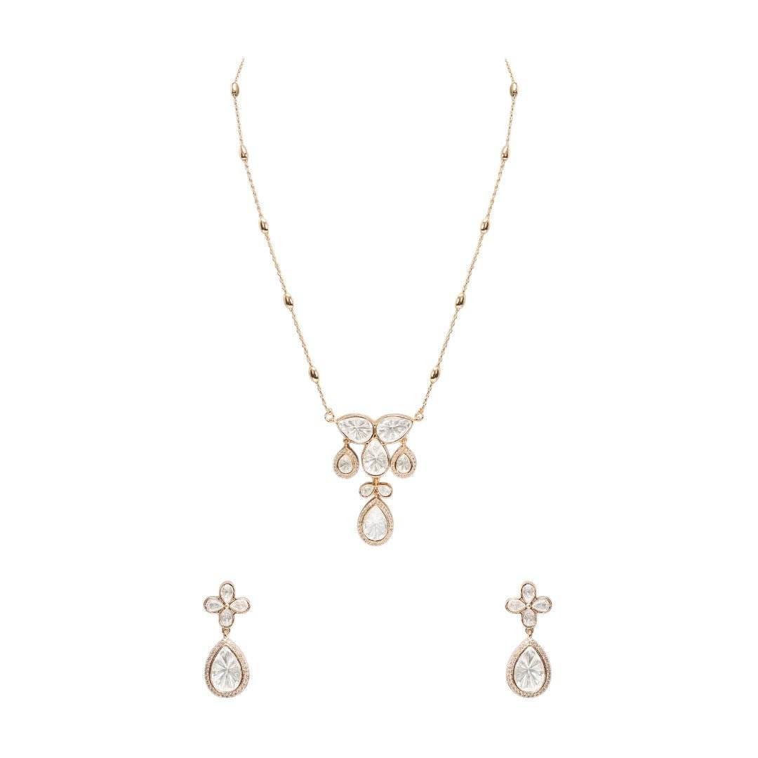 Sophisticated Polki Crystal Drop Necklace Set with Flower Stud Earrings - Auraa Trends