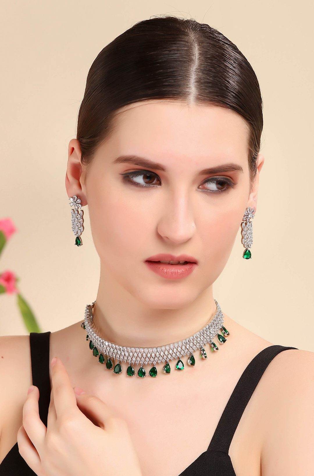 Sophisticated Rhodium Plated American Diamond Choker Set - Auraa Trends