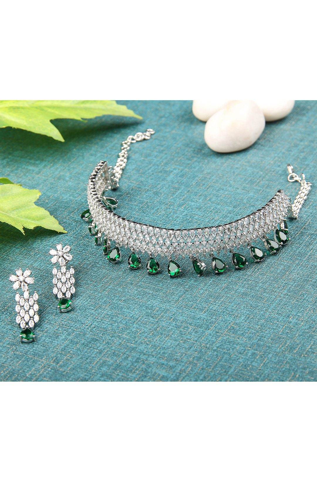 Sophisticated Rhodium Plated American Diamond Choker Set - Auraa Trends