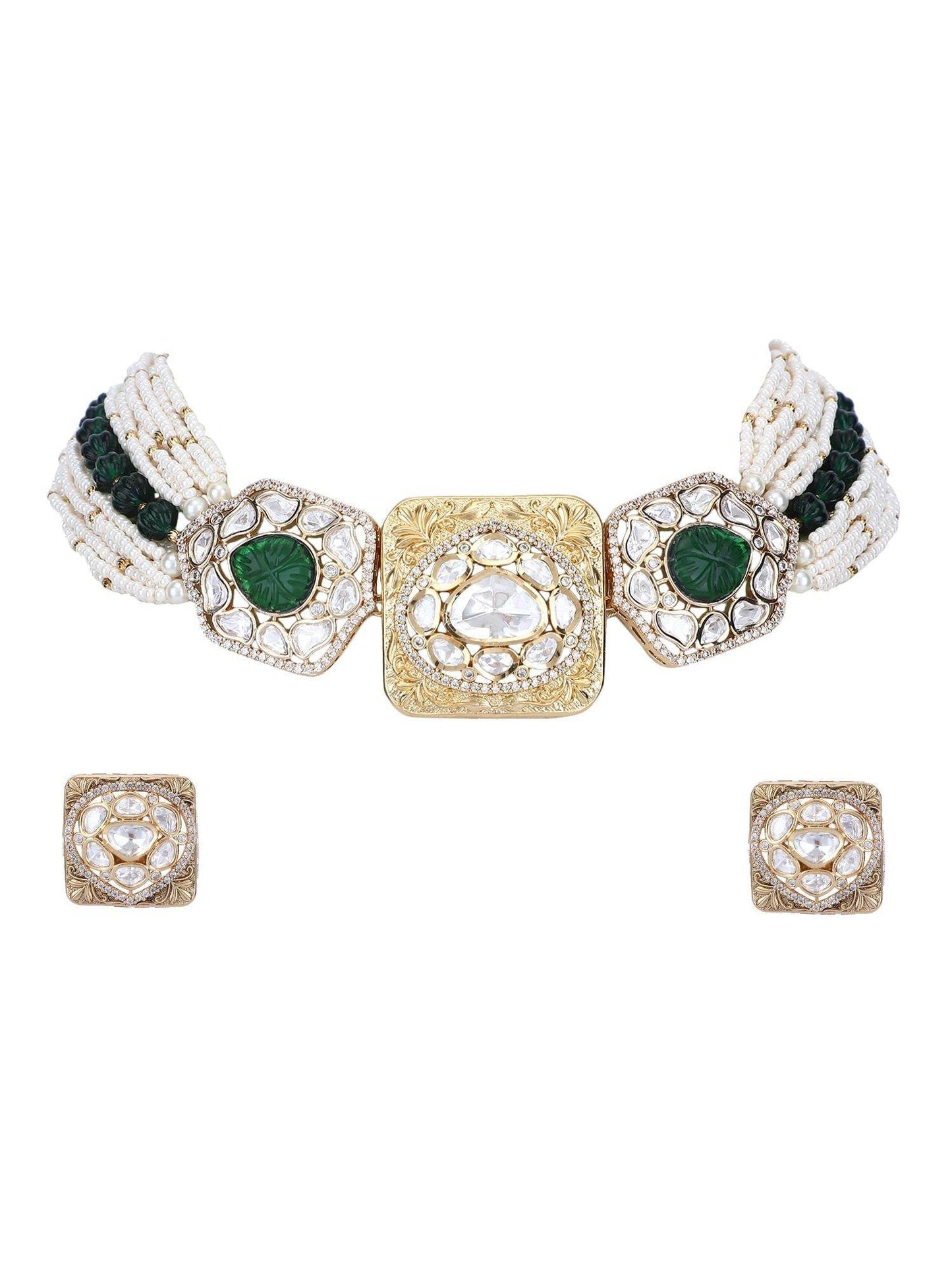 Sparkling 22KT Gold Plated Kundan Green Choker Necklace Set - Auraa Trends