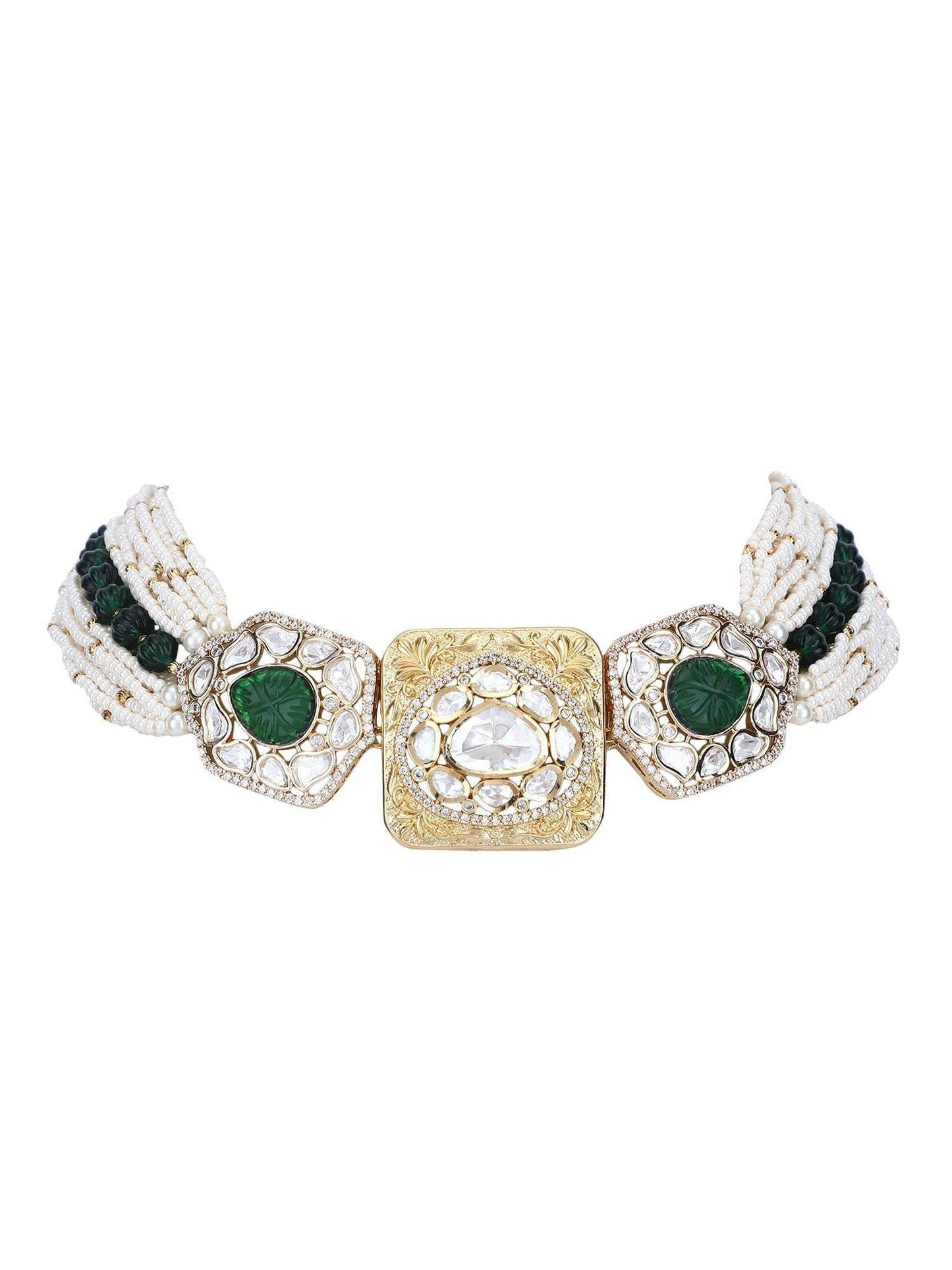 Sparkling 22KT Gold Plated Kundan Green Choker Necklace Set - Auraa Trends