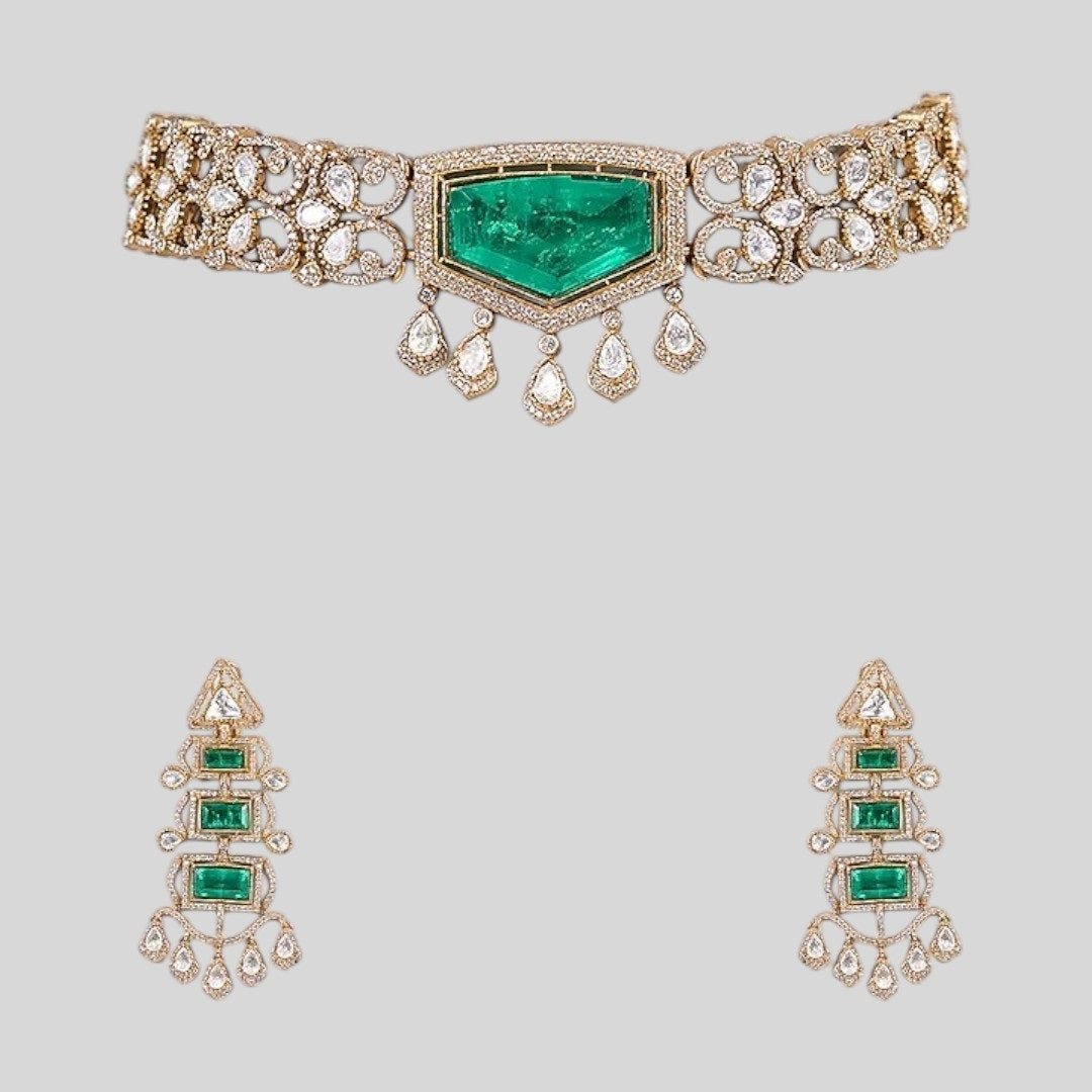 Statement Green Stone Kundan Choker Necklace Set with Long Dangler Earrings for Women - Auraa Trends - Necklace Set - - Auraa Trends - "Traditional gold - plated green stone Kundan choker necklace set with long dangler earrings for women – perfect for festive and bridal wear"