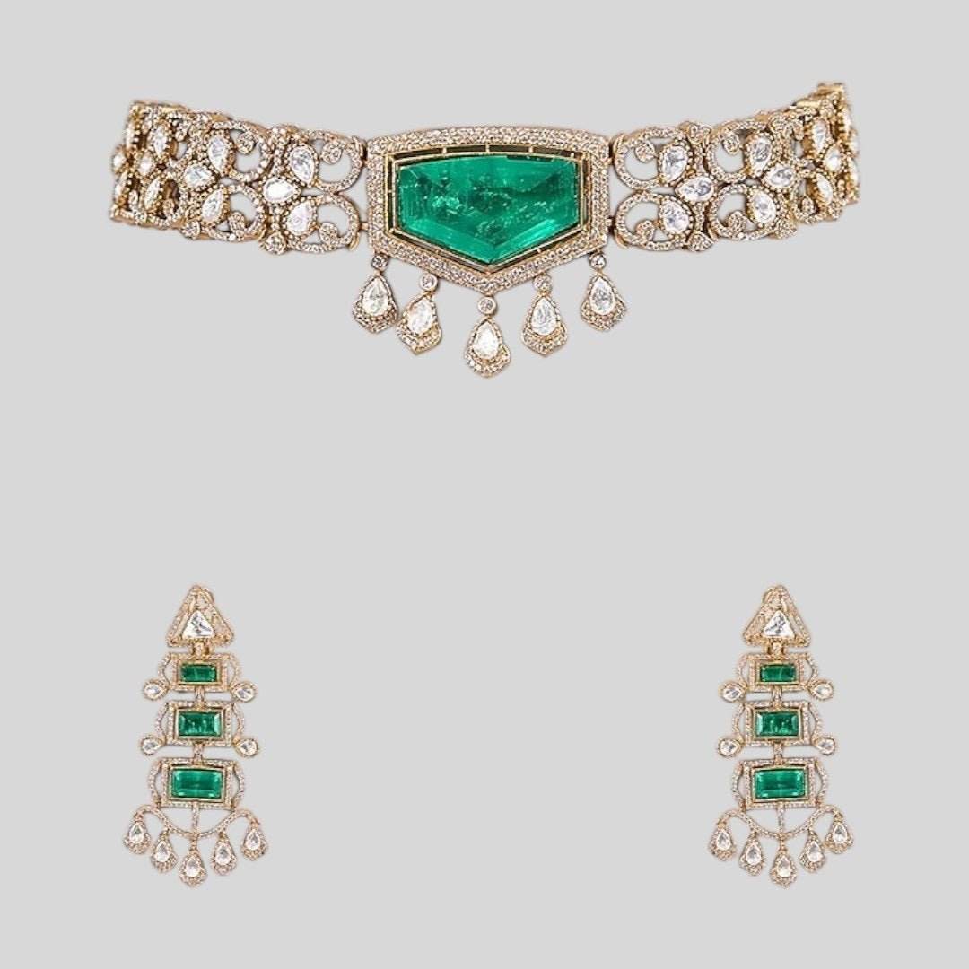 Statement Green Stone Kundan Choker Necklace Set with Long Dangler Earrings for Women - Auraa Trends