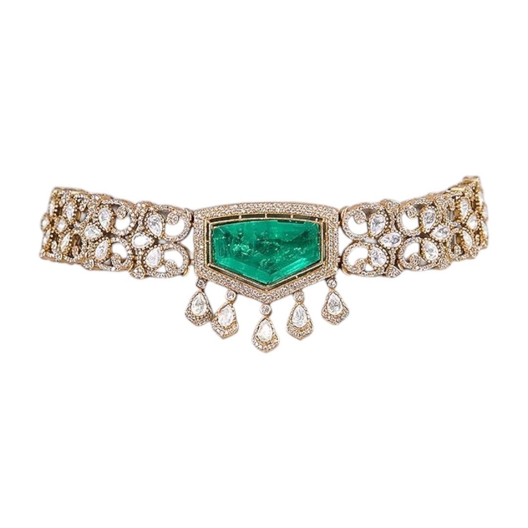 Statement Green Stone Kundan Choker Necklace Set with Long Dangler Earrings for Women - Auraa Trends - Necklace Set - - Auraa Trends - "Traditional gold - plated green stone Kundan choker necklace set with long dangler earrings for women – perfect for festive and bridal wear"