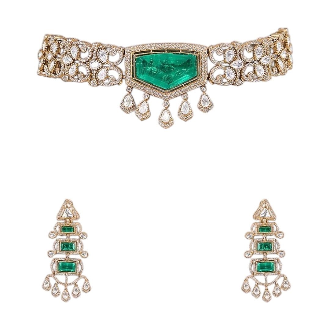 Statement Green Stone Kundan Choker Necklace Set with Long Dangler Earrings for Women - Auraa Trends - Necklace Set - - Auraa Trends - "Traditional gold - plated green stone Kundan choker necklace set with long dangler earrings for women – perfect for festive and bridal wear"