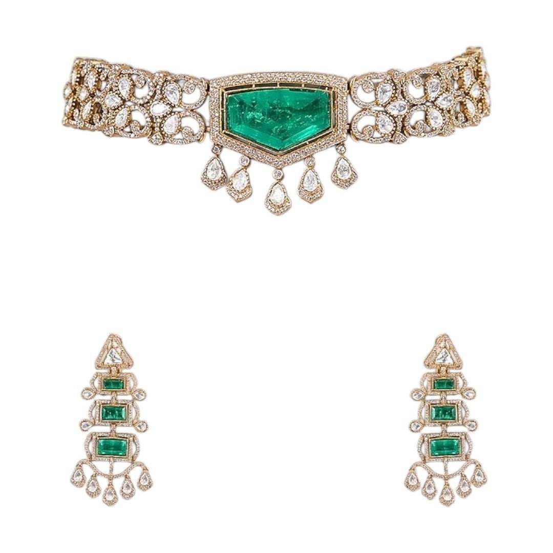 Statement Green Stone Kundan Choker Necklace Set with Long Dangler Earrings for Women - Auraa Trends
