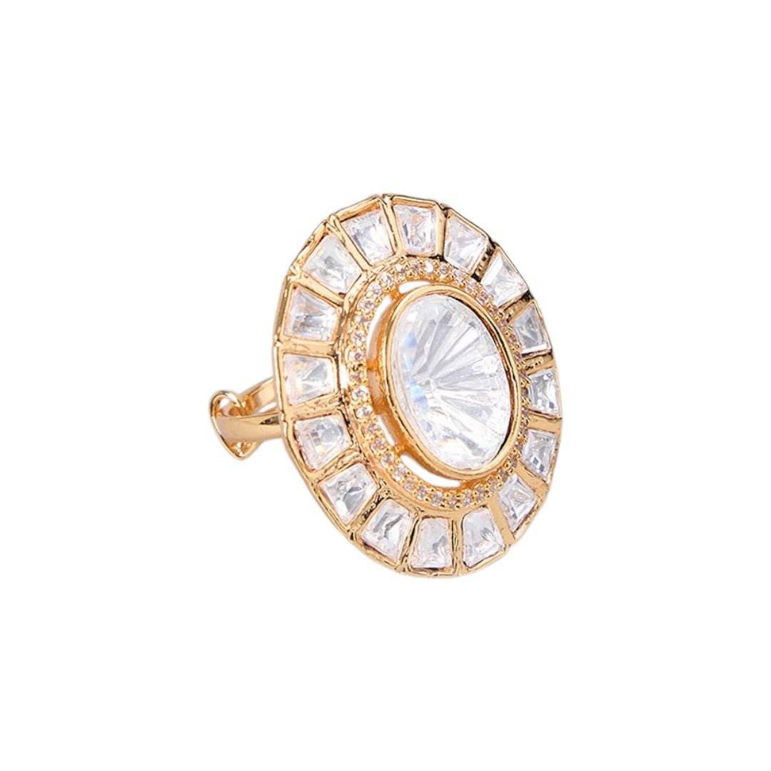 Statement Kundan Cocktail Ring with Diamond-Cut Detailing - Auraa Trends
