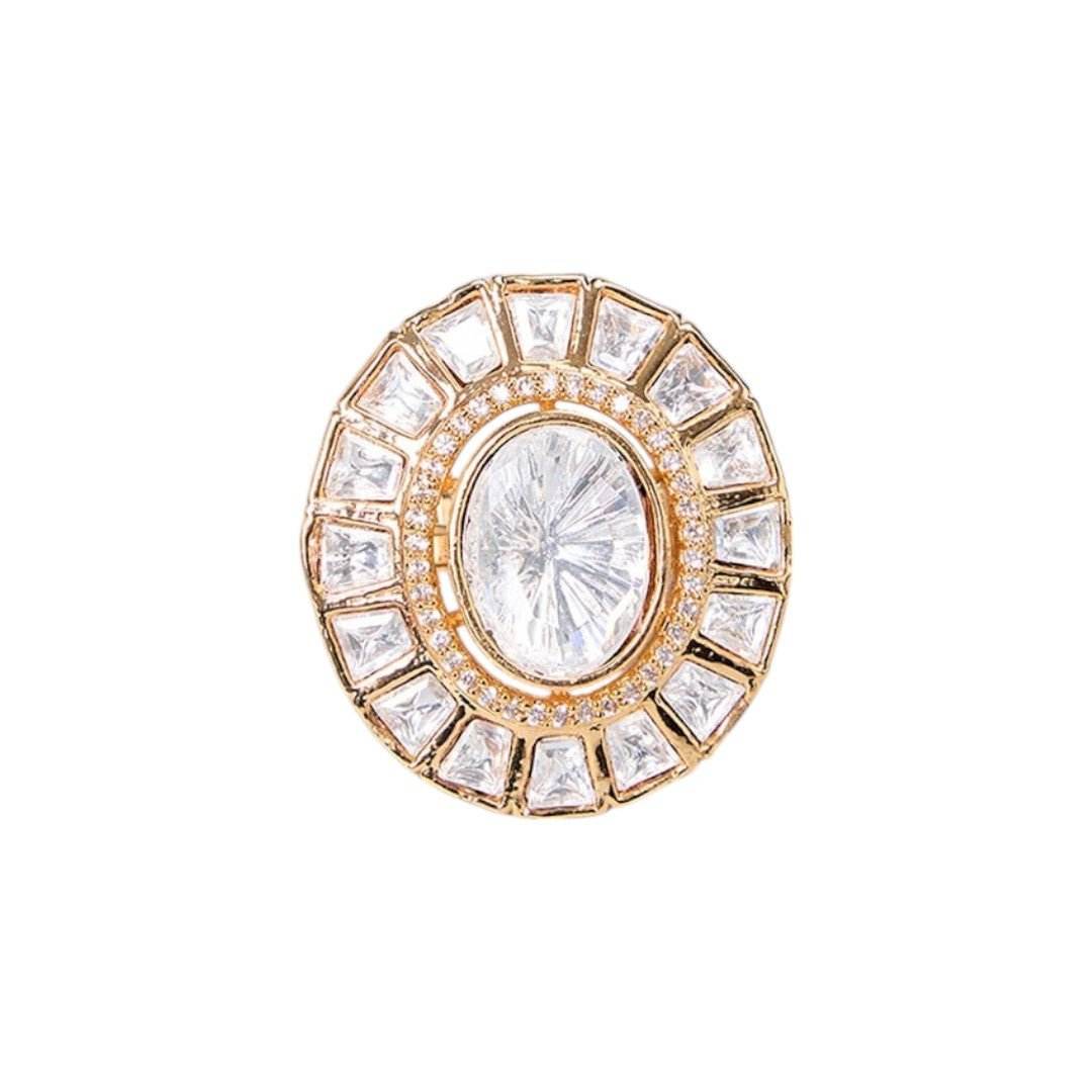 Statement Kundan Cocktail Ring with Diamond-Cut Detailing - Auraa Trends