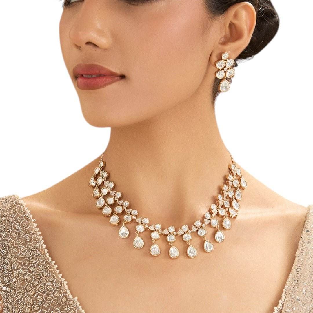Stunning Crystal Drop Choker Necklace Set and Paired Stud Earrings - Auraa Trends