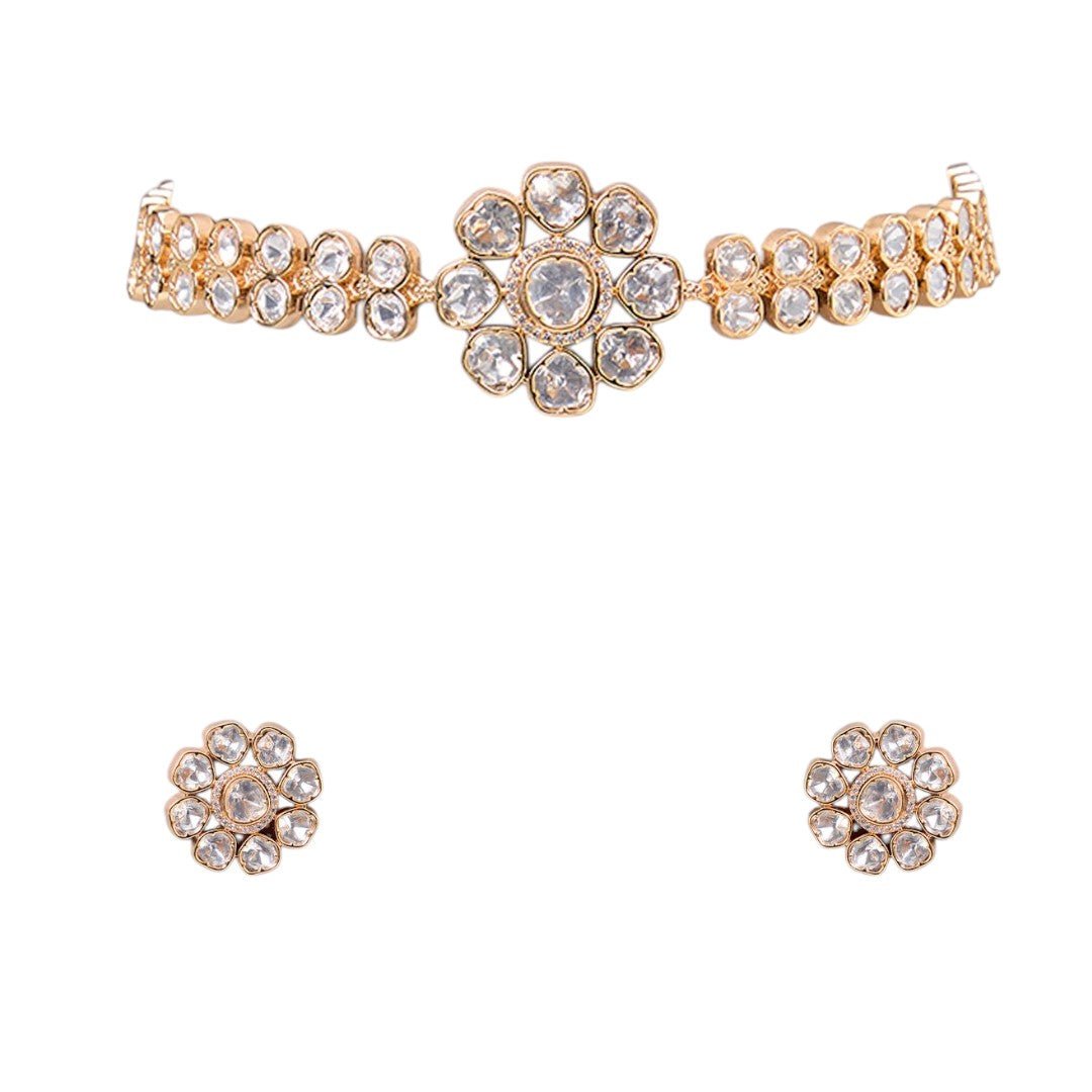 Stunning Gold - Plated Kundan Choker Necklace Set with Coordination Stud Earrings - Auraa Trends - Choker - # - Auraa Trends - complemented by floral stud earrings, paired with a pastel blue embroidered saree top