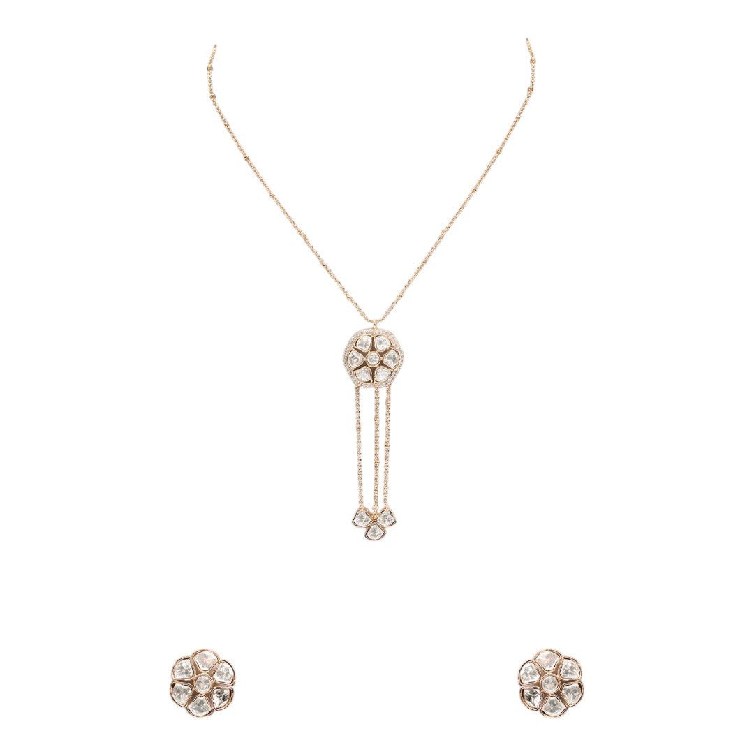 Stunning Gold - Plated Kundan Floral Necklace Set with Stud Kundan Earrings – Simple Ethnic Jewelry - Auraa Trends - necklace - - Auraa Trends - Gold - plated kundan minimalist necklace with floral pendant and double drop chains, complemented by matching flower - shaped stud earrings – perfect for festive and formal events.