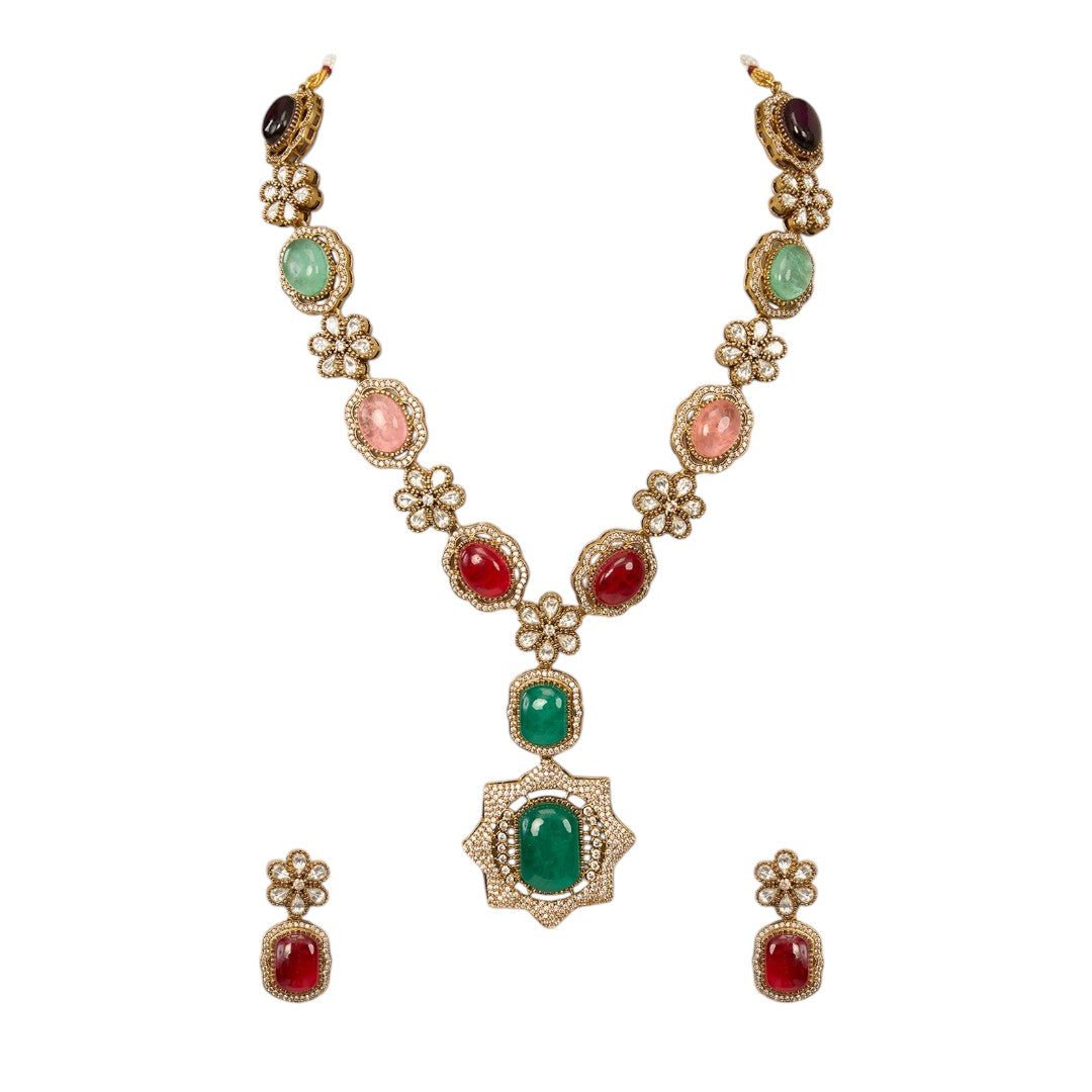 Stunning Kundan Polki Necklace Set of Colored Stones Moissanite Jewelry - Auraa Trends - Necklace Set - Stunning Kundan Polki