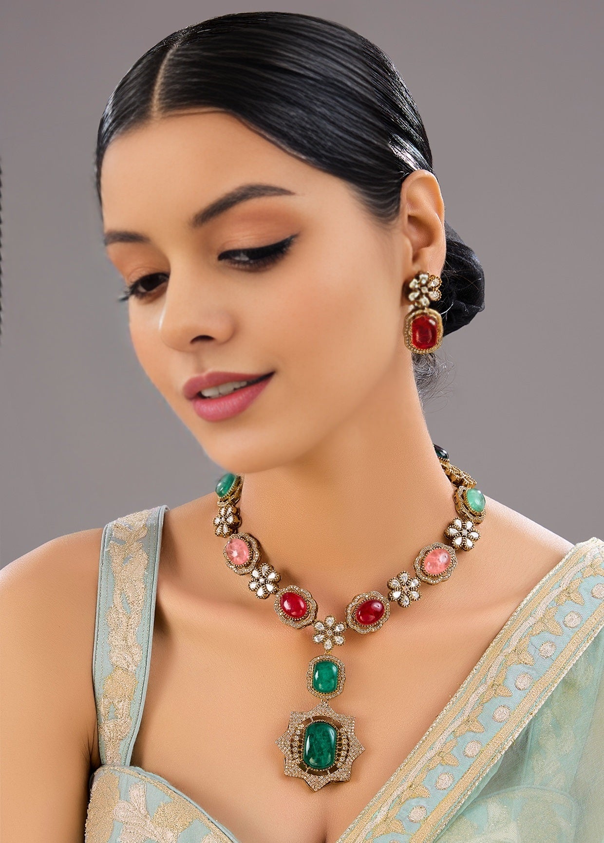 Stunning Kundan Polki Necklace Set of Colored Stones Moissanite Jewelry - Auraa Trends - Necklace Set - Stunning Kundan Polki
