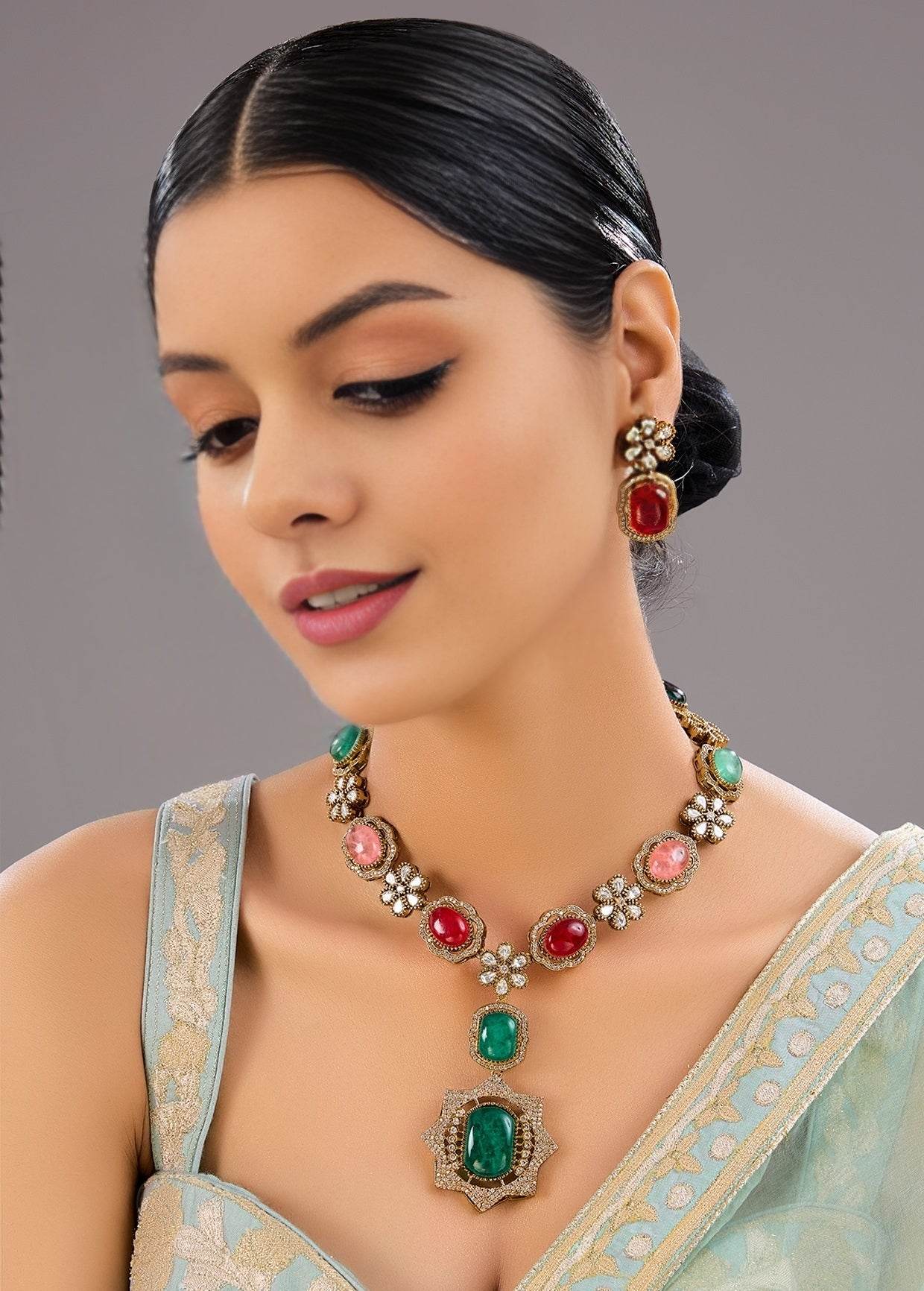 Stunning Kundan Polki Necklace Set of Colored Stones Moissanite Jewelry - Auraa Trends