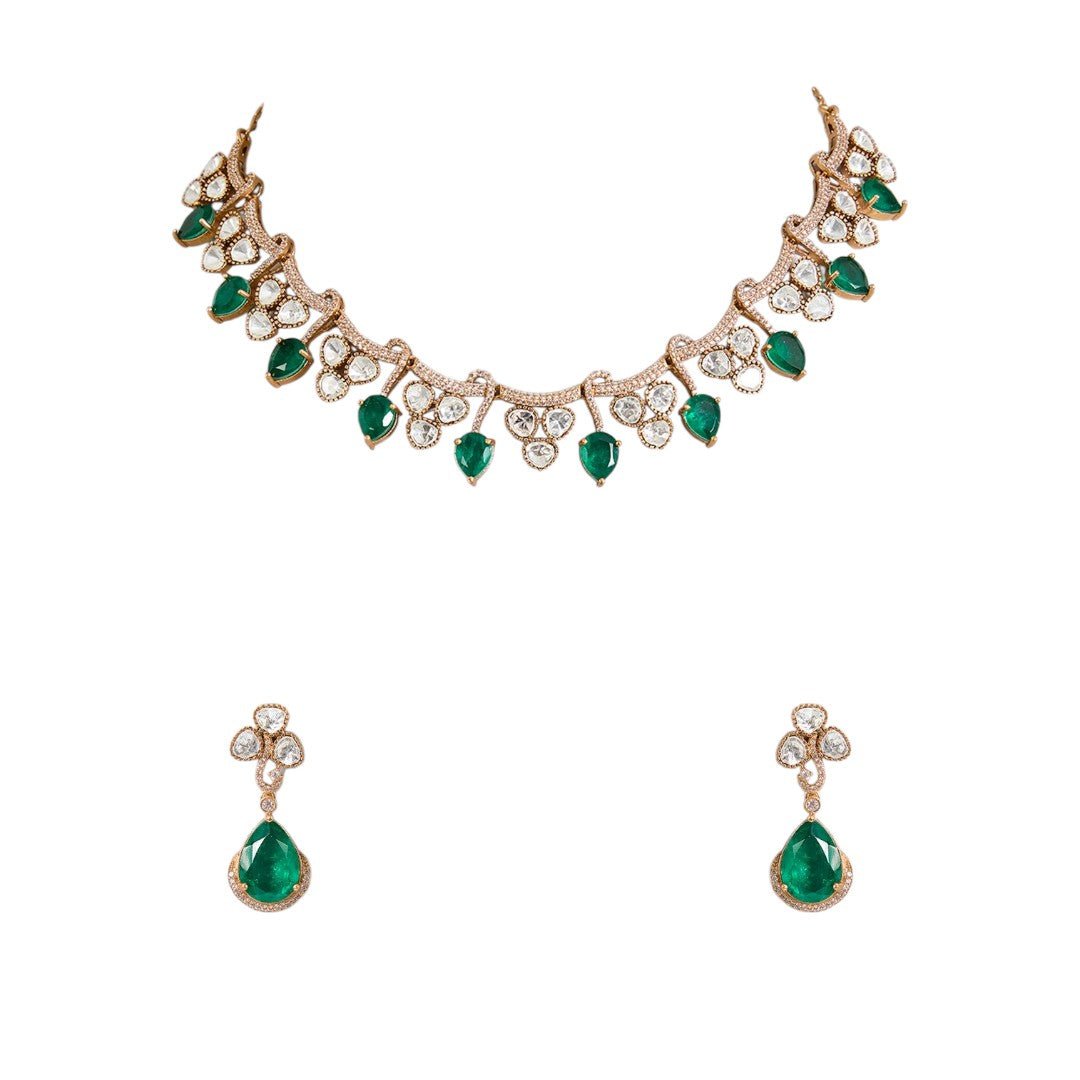 Stylish Emerald and CZ Stone Women's Necklace & Earring Set - Auraa Trends - Choker - Stylish Emerald and Stone Necklace