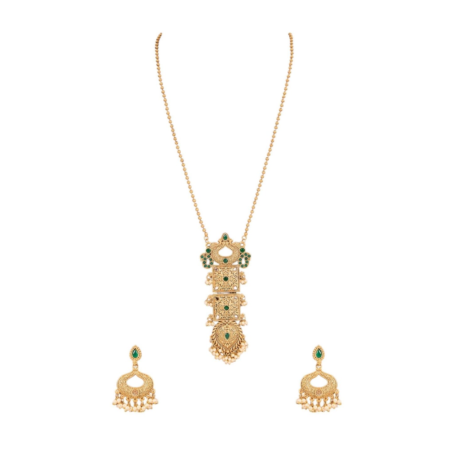 Temple Gold-Plated Vintage Necklace Set with Green Stone Details - Auraa Trends