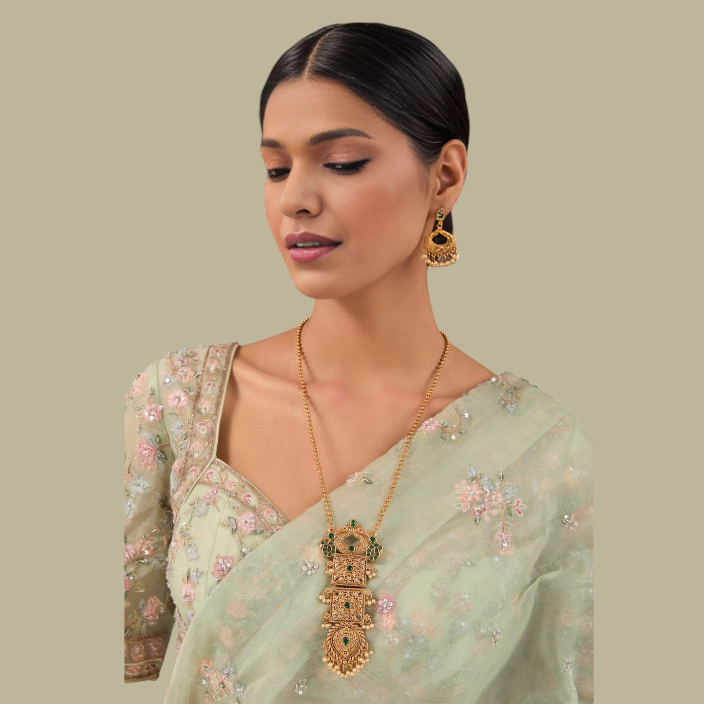 Temple Gold - Plated Vintage Necklace Set with Green Stone Details - Auraa Trends - Pendant - # - Auraa Trends - Temple Gold - Plated Vintage Necklace Set with Green Stone Details