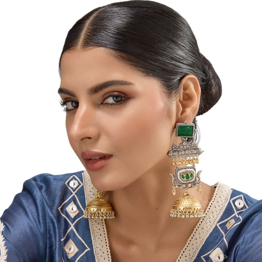 Temple - Inspired Dual Plated Long Jhumka Earrings with Green Stone & Pearl Beads - Auraa Trends - Earrings - - Auraa Trends - Temple - inspired dual - plated long jhumka earrings with green carved stones, golden dome base, and pearl - bead embellishments