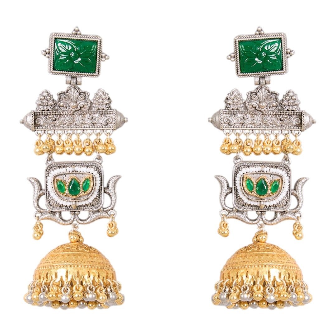 Temple - Inspired Dual Plated Long Jhumka Earrings with Green Stone & Pearl Beads - Auraa Trends - Earrings - - Auraa Trends - Temple - inspired dual - plated long jhumka earrings with green carved stones, golden dome base, and pearl - bead embellishments