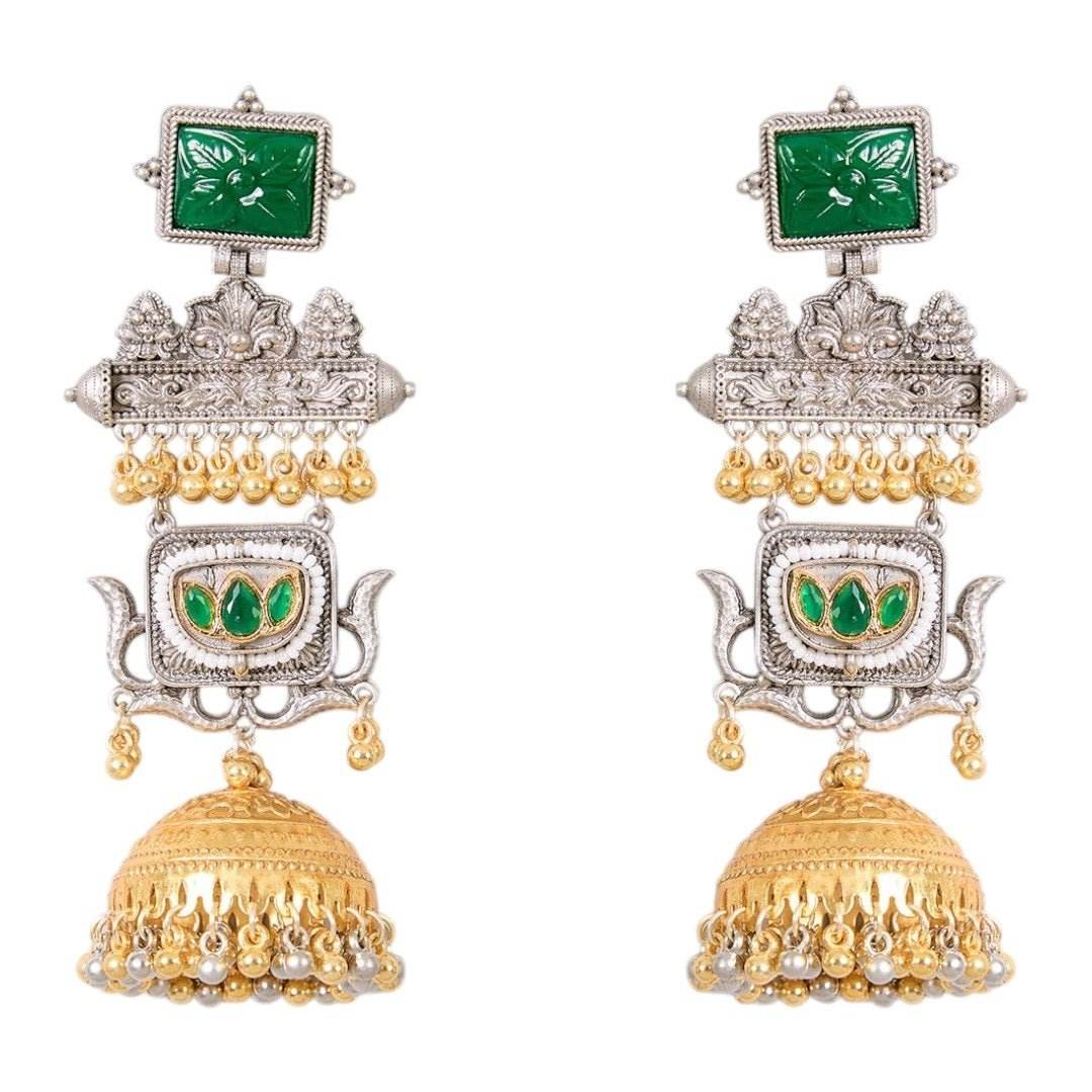 Temple-Inspired Dual Plated Long Jhumka Earrings with Green Stone & Pearl Beads - Auraa Trends