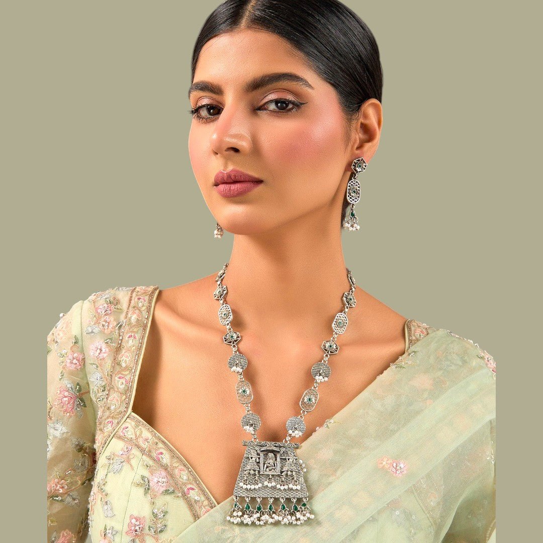 Temple - Inspired Oxidized Silver Necklace Set with Earring - Auraa Trends - Pendant - # - Auraa Trends - Temple - Inspired Oxidized Silver Necklace Set with Earring