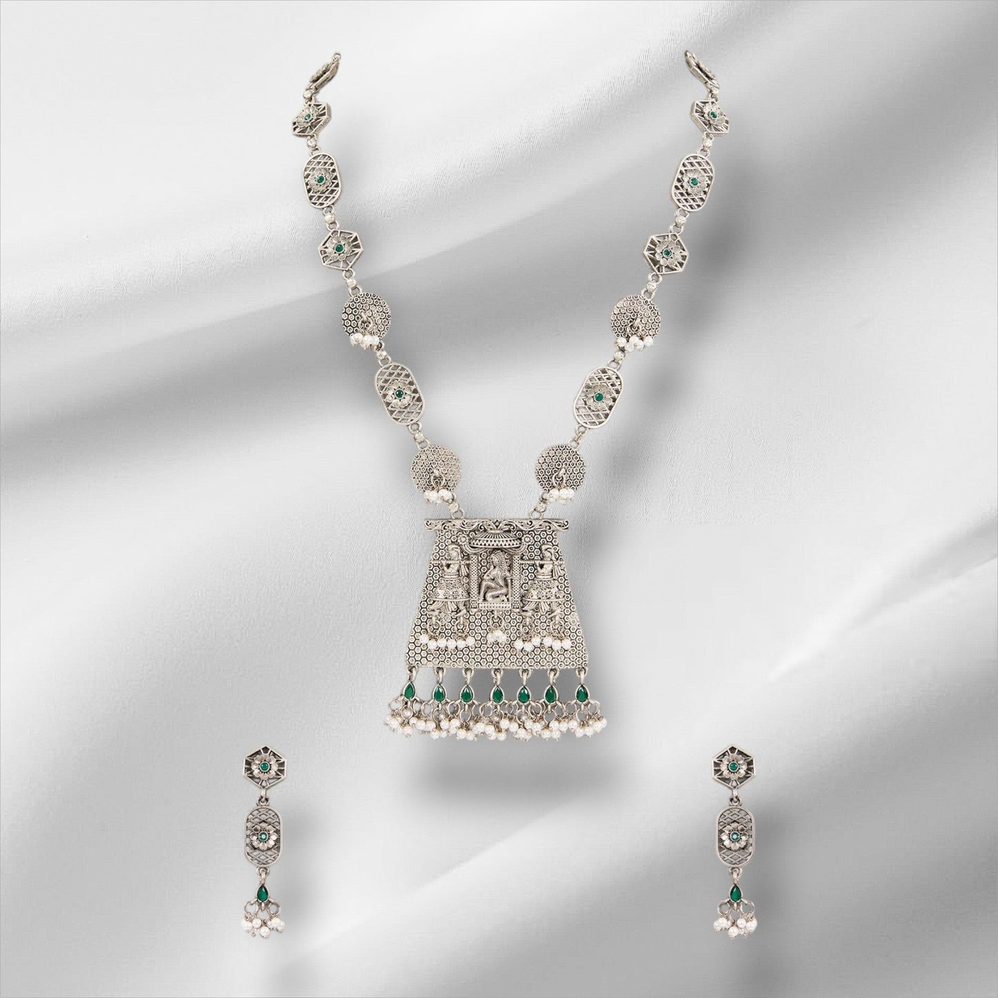Temple - Inspired Oxidized Silver Necklace Set with Earring - Auraa Trends - Pendant - # - Auraa Trends - Temple - Inspired Oxidized Silver Necklace Set with Earring