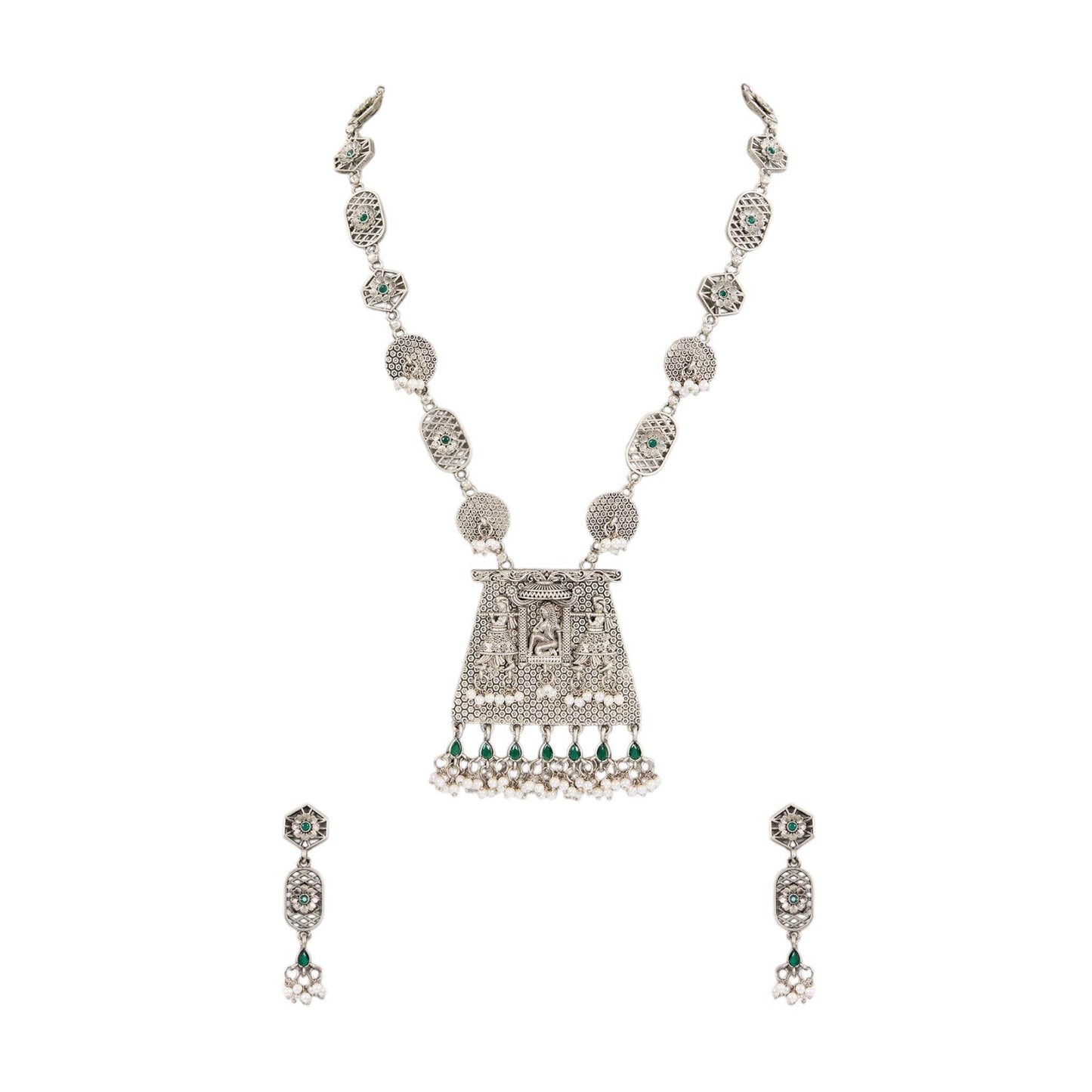 Temple-Inspired Oxidized Silver Necklace Set with Earring - Auraa Trends