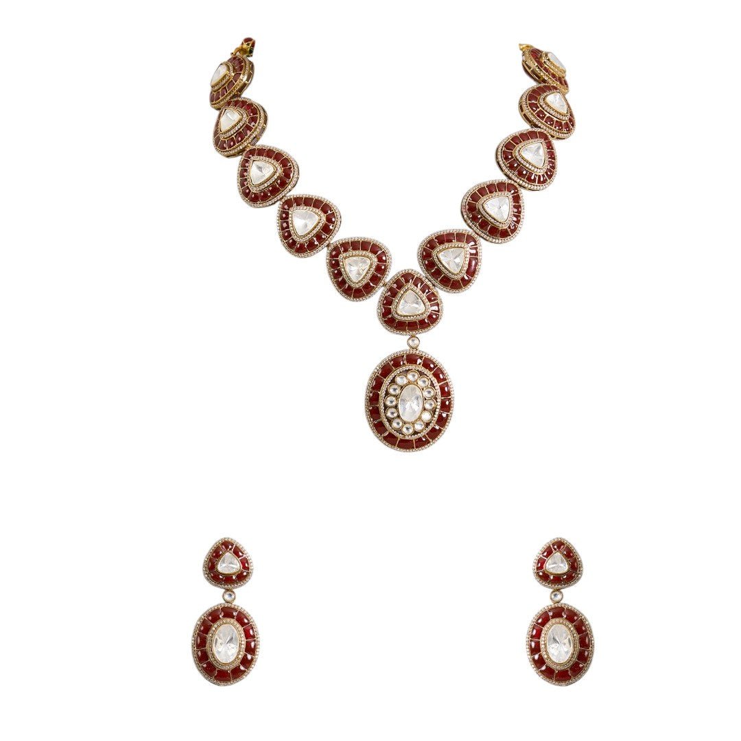 Timeless Red & Kundan Teardrop Necklace Set with Oval Pendant - Auraa Trends - necklace - Timeless Red & Kundan