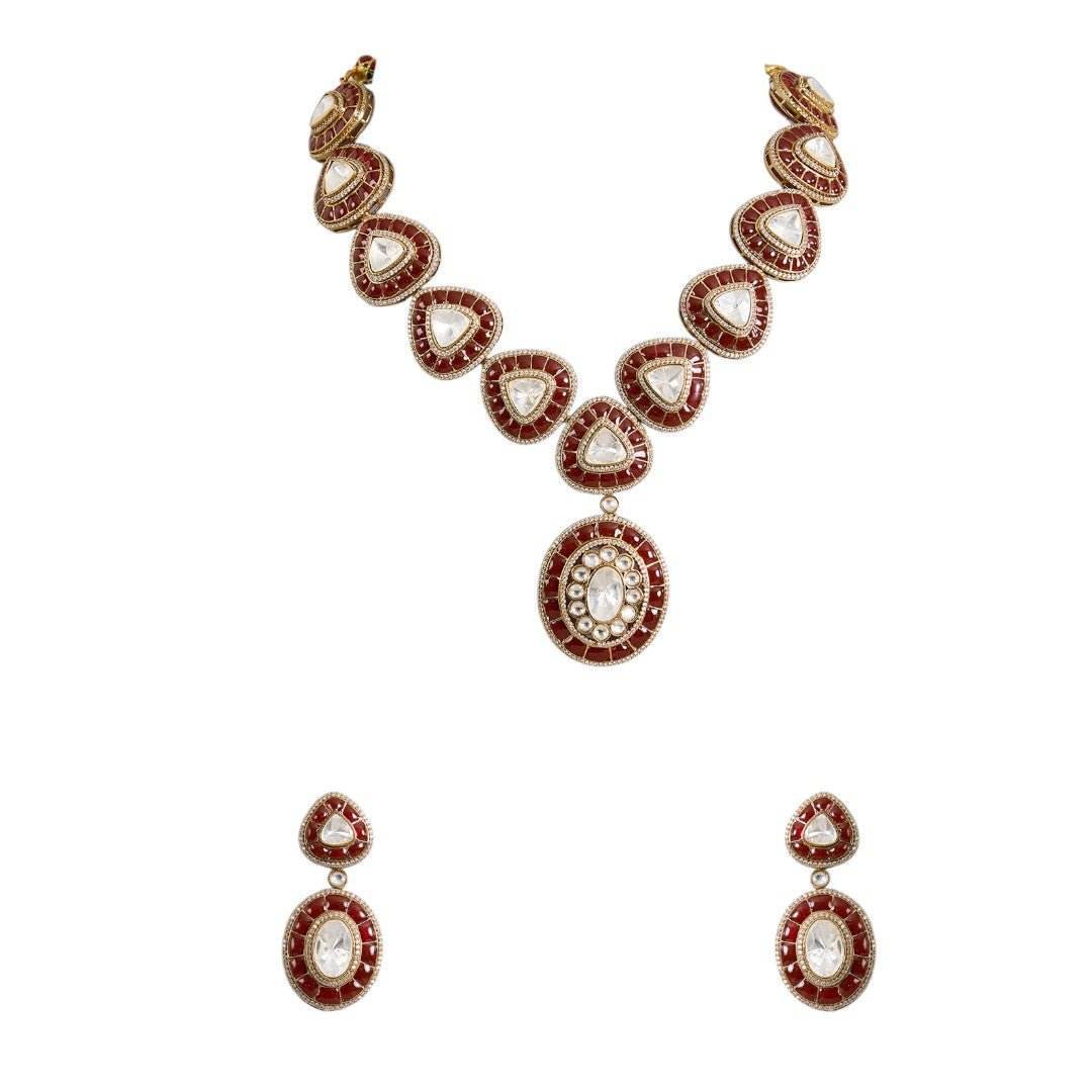Timeless Red & Kundan Teardrop Necklace Set with Oval Pendant - Auraa Trends